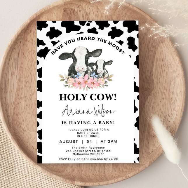 White Black Cow Print Floral Holy Cow Baby Shower  Invitation (Cow Print Holy Cow Baby Shower Invitation,  Black White Cow Print, Floral Holy Cow Baby Shower )
