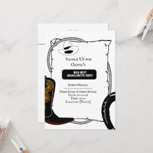 White & Black Cowgirl Hat boots Bachelorette Party Invitation