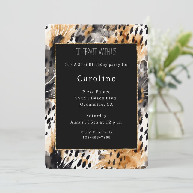 White Black Cream Leopard Animal Birthday   Invitation (Standing Front)