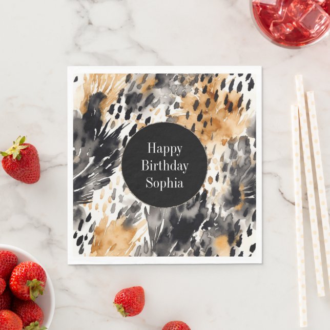 White Black Cream Leopard Animal Birthday Napkins (Insitu)