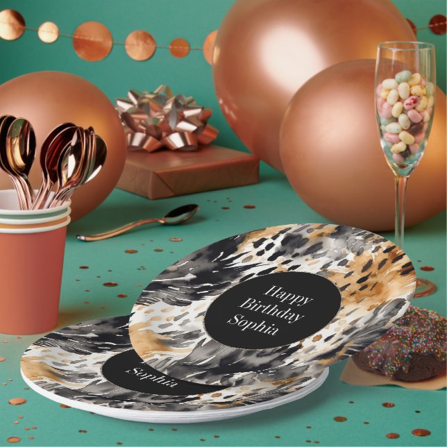 White Black Cream Leopard Animal Birthday Paper Plates (Multi)