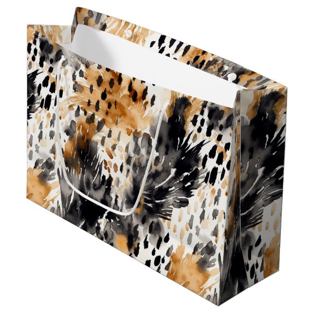 White Black Cream Leopard Animal Floral Birthday Large Gift Bag (Front Angled)