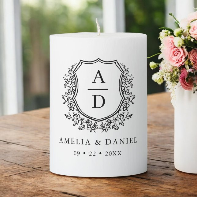 White Black Crest Botanical Monogram Wedding Pillar Candle (Creator Uploaded)