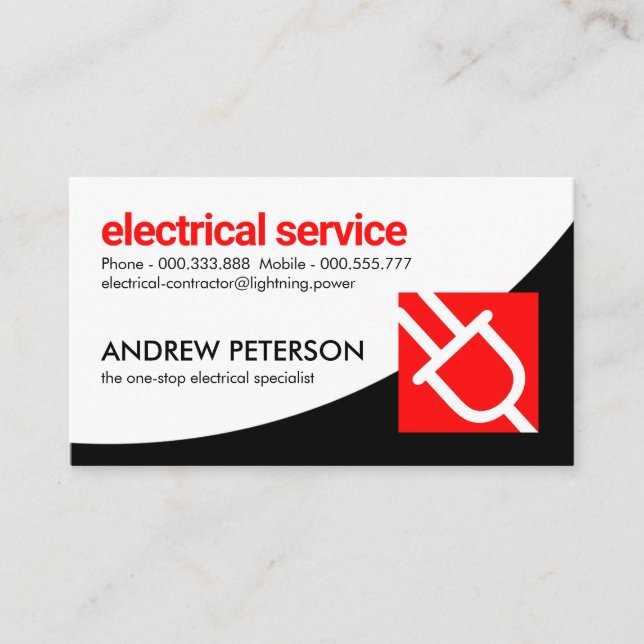 White Black Curves Red Plug Electricity Business Card (Front)