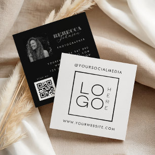 White Black Custom Logo Photo QR Code Social Media Square Business Card