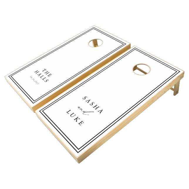 White & Black Custom Minimalist Personalized Cornhole Set (Angled)