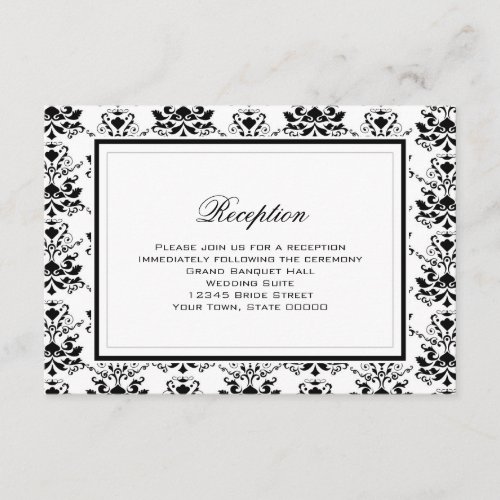 White &amp; Black Damask Elegant Reception Card