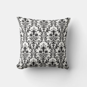White & Black Damask Floral Swirls 4 Throw Pillow