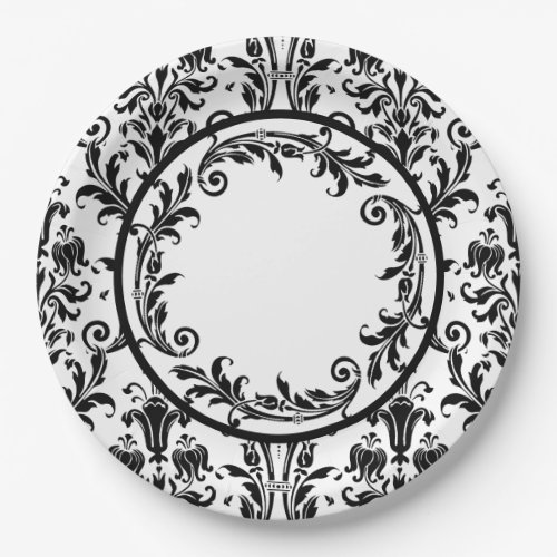 White Black Damask Floral Swirls Personalize Paper Plates