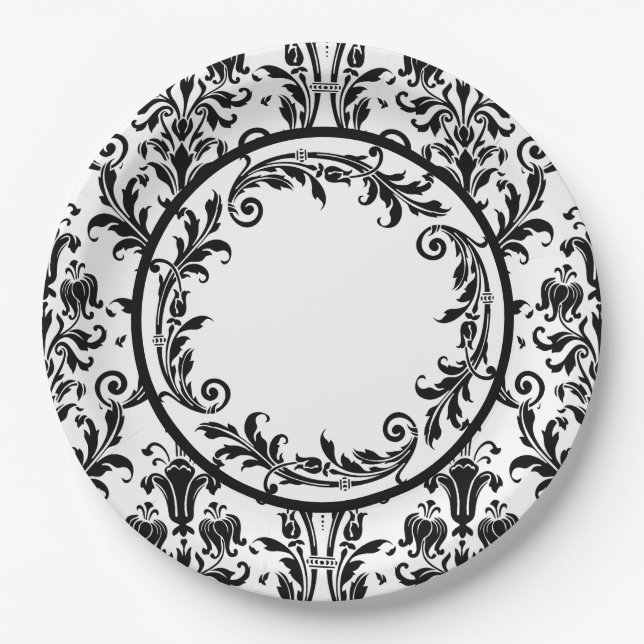 White Black Damask Floral Swirls Personalize Paper Plates (Front)