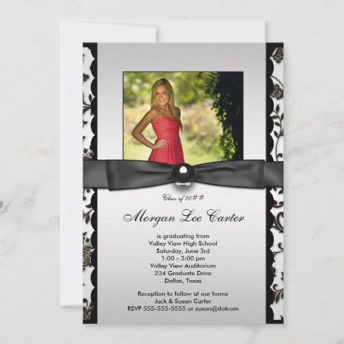 White Black Damask Photo Graduation Announcement