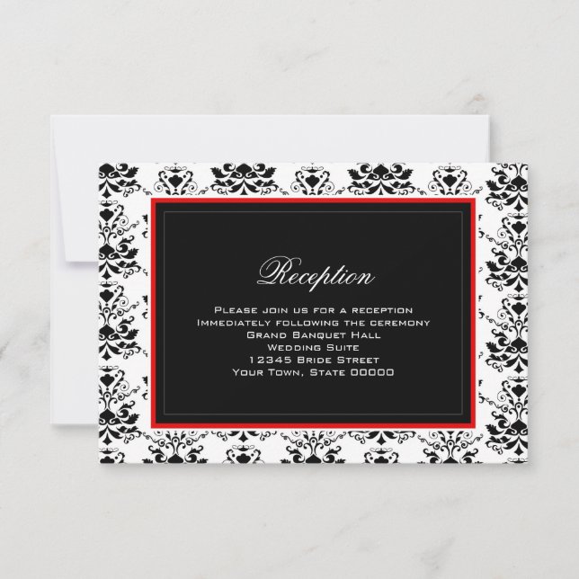 White & Black Damask Red Accent Reception Card (Front)
