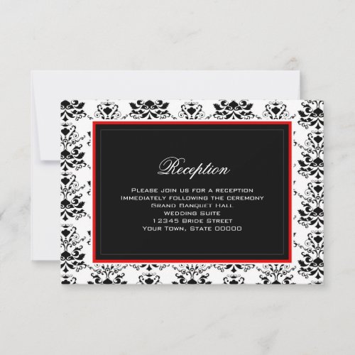 White  Black Damask Red Accent Reception Card