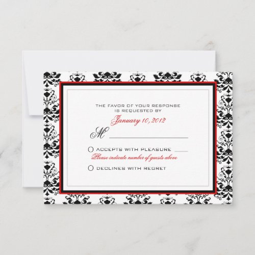 White &amp; Black Damask Red Accent RSVP Custom