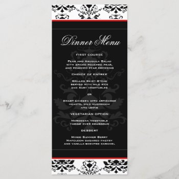 White & Black Damask Red Accent Slim Dinner Menu by prettypicture at Zazzle