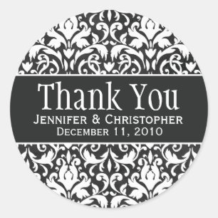 White & Black Damask Round Wedding Labels