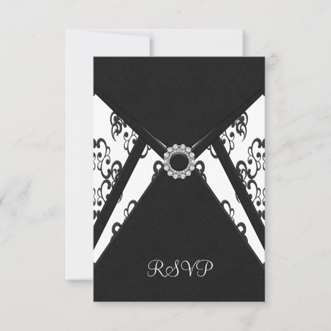 White Black Damask RSVP Card (Front)