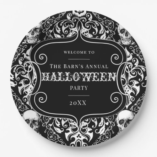 White Black Damask Skull Halloween Pattern Custom Paper Plates