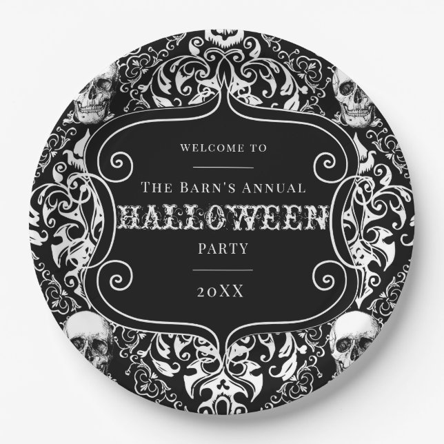 White Black Damask Skull Halloween Pattern Custom Paper Plates (Front)