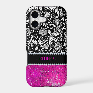 White & Black Damasks Pink Glitter & Diamonds iPhone 17 Case