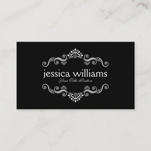 White & Black Decorated Border Frame Business Card (Front)