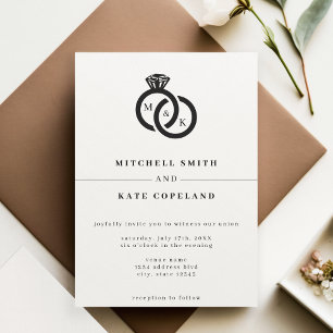 White & Black Diamond Ring Monogram Wedding Invitation