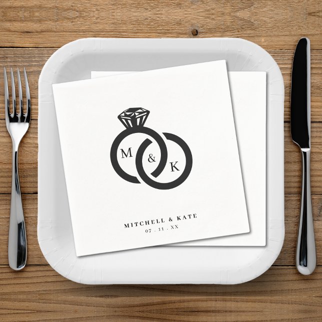 White & Black Diamond Ring Monogram Wedding Napkins (White & Black Diamond Ring Monogram Wedding Napkins)
