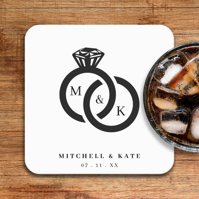 White & Black Diamond Ring Monogram Wedding Square Paper Coaster (White & Black Diamond Ring Monogram Wedding Square Paper Coaster)