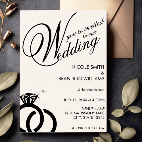 White  Black Diamond Ring Wedding Invitation