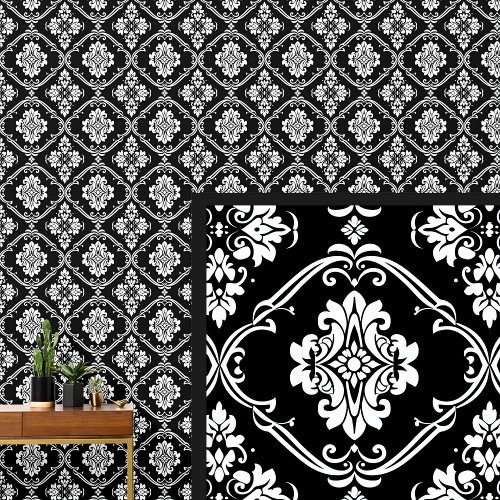 White   Black Dramatic Gothic Damask  Wallpaper