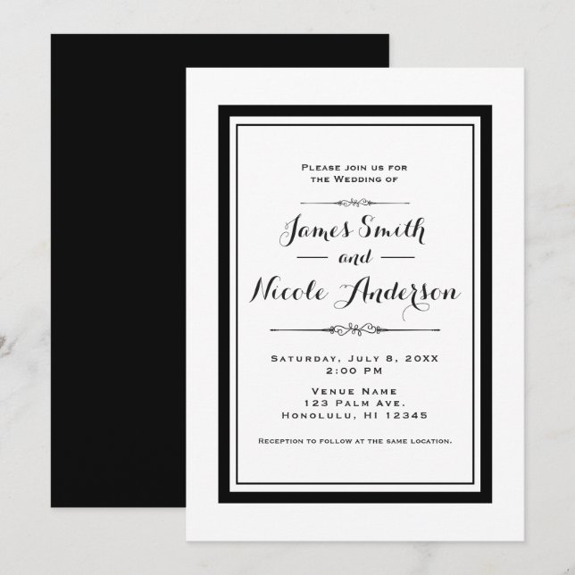 White & Black Elegant Chic Couture Wedding Invitation (Front/Back)