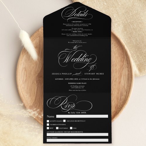 White black elegant script calligraphy wedding all in one invitation