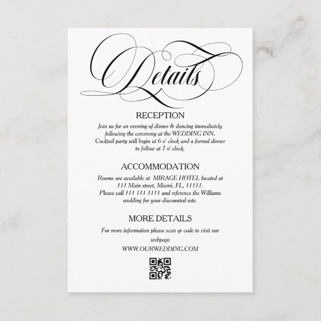 White & Black Elegant Script Wedding Details Enclosure Card (Front)