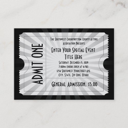 White  Black Event Ticket Lg Business Card Size
