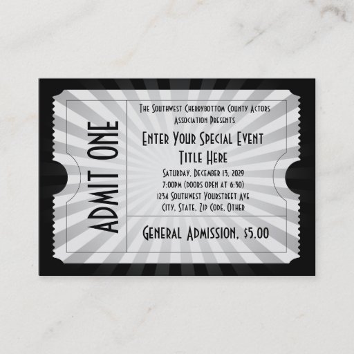 Customizable White + Black Event Ticket, Lg Business Card Size