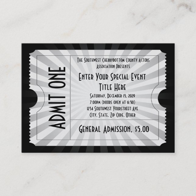 White + Black Event Ticket, Lg Business Card Size (Front)