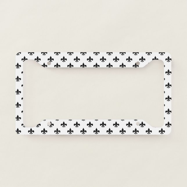 White Black Fleur De Lis Delicate Mardi Gras License Plate Frame (Front)