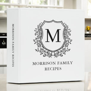 White Black Floral Crest Monogram Family Recipe 3 Ring Binder