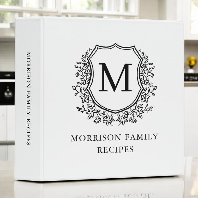 White Black Floral Crest Monogram Family Recipe 3 Ring Binder (Creator Uploaded)