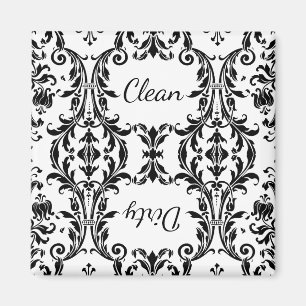 White Black Floral Damask Dishwasher Clean Dirty Magnet