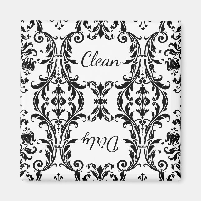White Black Floral Damask Dishwasher Clean Dirty Magnet (Front)