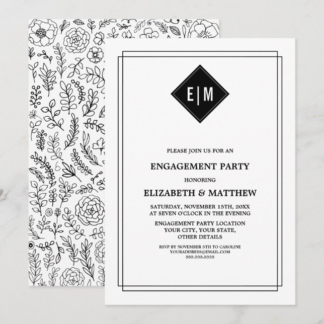 White | Black Floral Engagement Party Invitation (Front/Back)