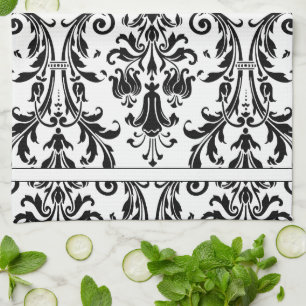 White Black Floral Swirl Damask Monogram Kitchen Towel