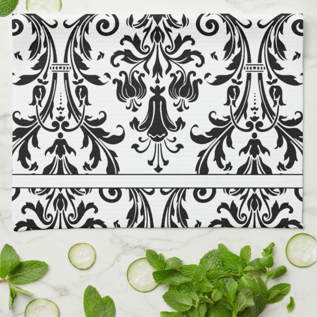 White Black Floral Swirl Damask Monogram Kitchen Towel (Folded)