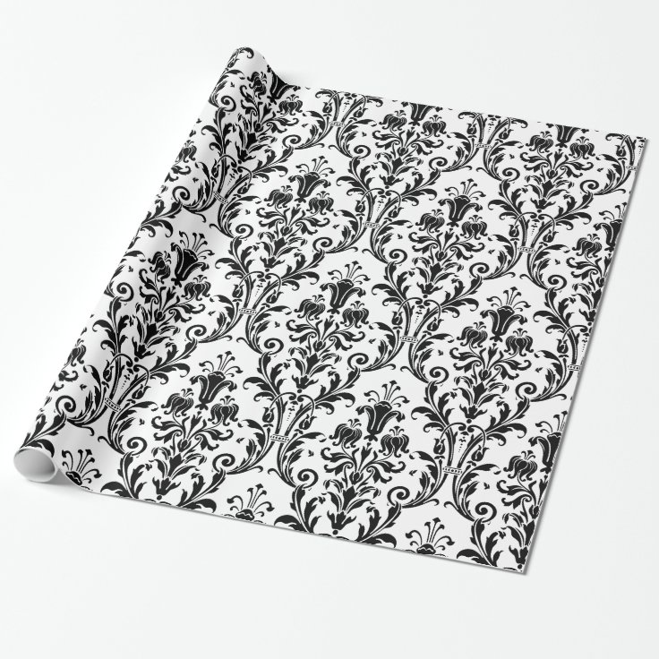 White Black Floral Swirl Damask Wrapping Paper Zazzle