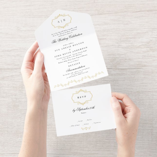 white black formal gold crest monogram wedding all in one invitation  (Tearaway)