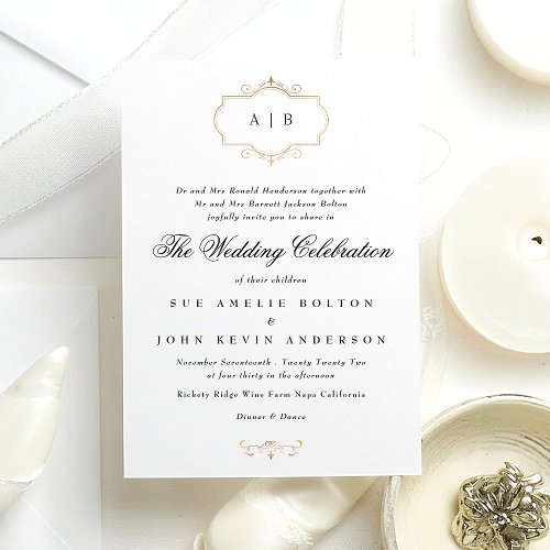 white black formal gold crest monogram wedding invitation