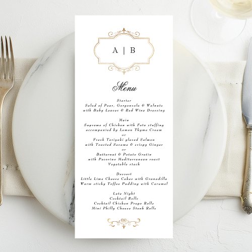 white black formal gold crest monogram wedding menu