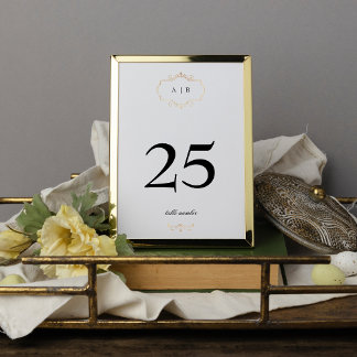 white black formal gold crest monogram wedding table number