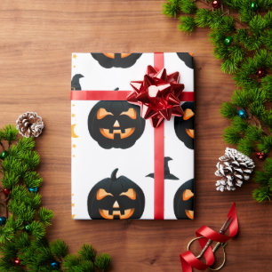White & Black Fun Halloween Pumpkin&hats Pattern Wrapping Paper